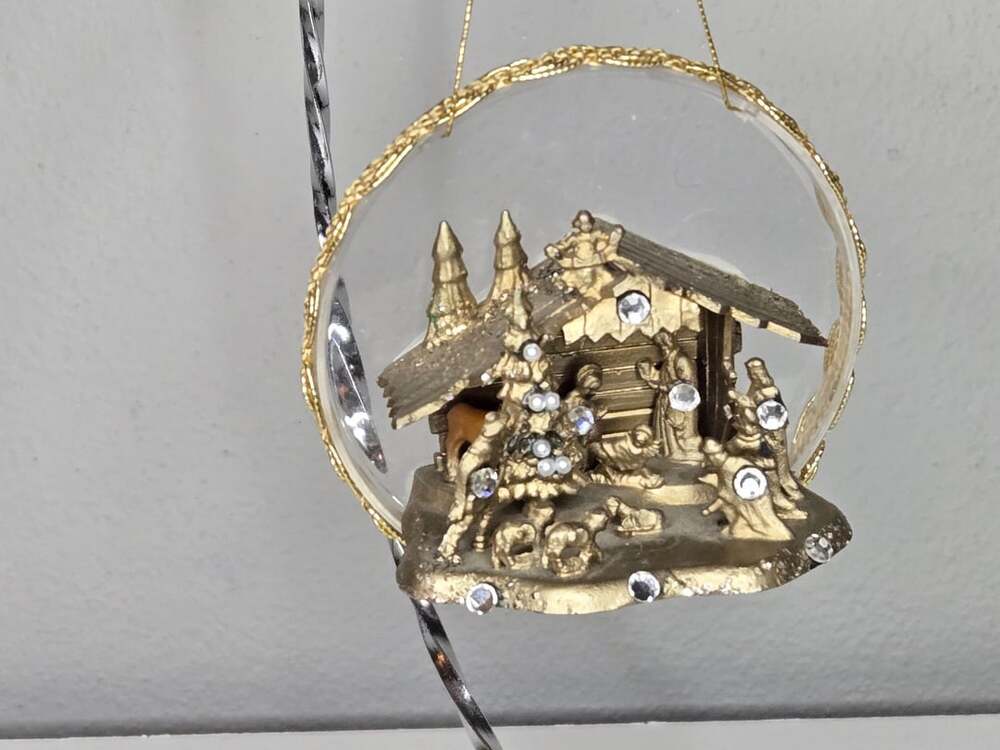 Vintage Nativity Scene Circular Christmas Ornament Gold Rhinestones
